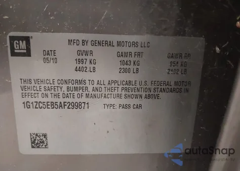 2010 Chevrolet Malibu Lt z USA, uszkodzony, nr VIN 1G1ZC5EB5AF299871